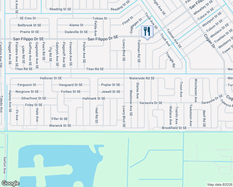 map of restaurants, bars, coffee shops, grocery stores, and more near 574 Jewell St SE in Palm Bay