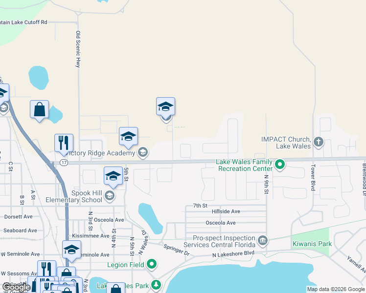 map of restaurants, bars, coffee shops, grocery stores, and more near 1121 View Pointe Circle in Lake Wales