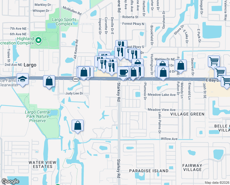 map of restaurants, bars, coffee shops, grocery stores, and more near 300 Starkey Road in Largo