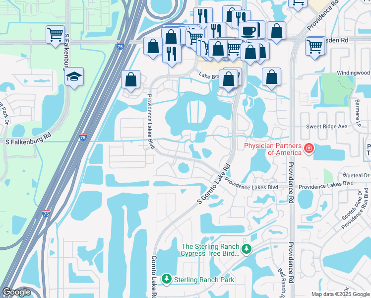 map of restaurants, bars, coffee shops, grocery stores, and more near 1340 Salem Orchard Lane in Brandon