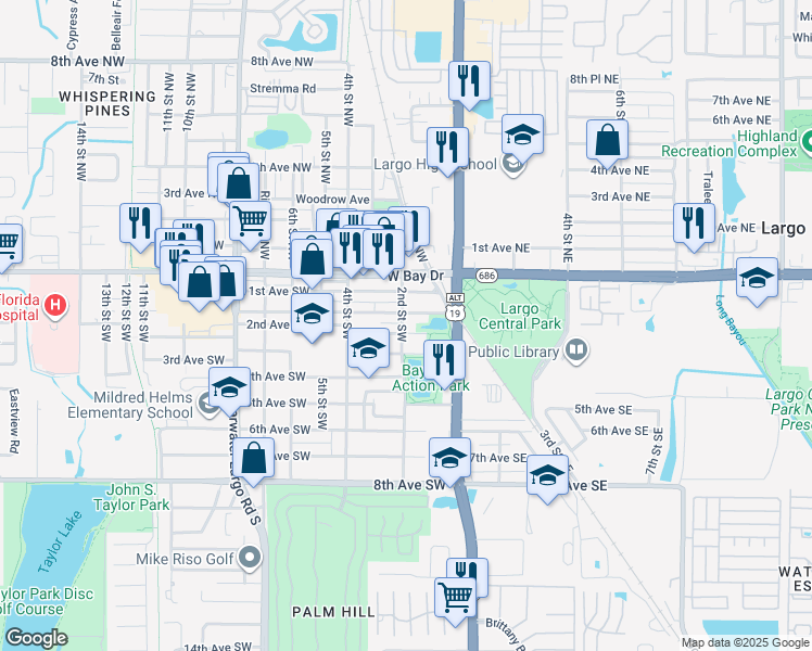map of restaurants, bars, coffee shops, grocery stores, and more near 119 Cleveland Avenue Southwest in Largo
