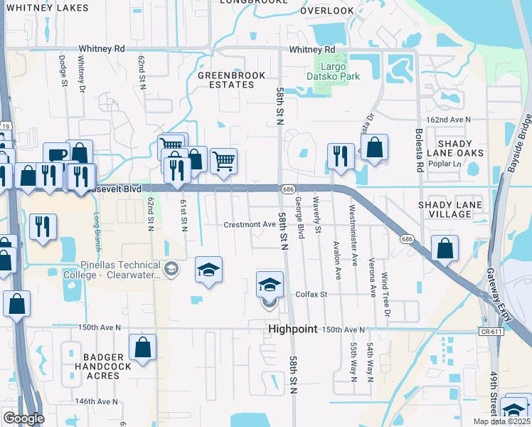 map of restaurants, bars, coffee shops, grocery stores, and more near 5840 157th Avenue North in Clearwater