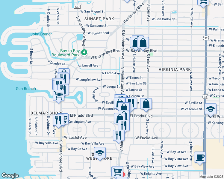 map of restaurants, bars, coffee shops, grocery stores, and more near 3301 Sevilla East Circle in Tampa