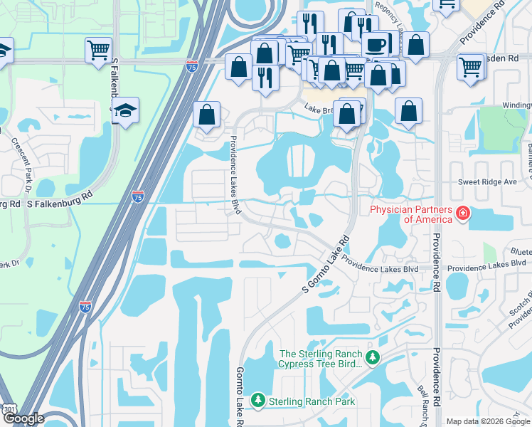 map of restaurants, bars, coffee shops, grocery stores, and more near 2509 Middleton Grove Drive in Brandon