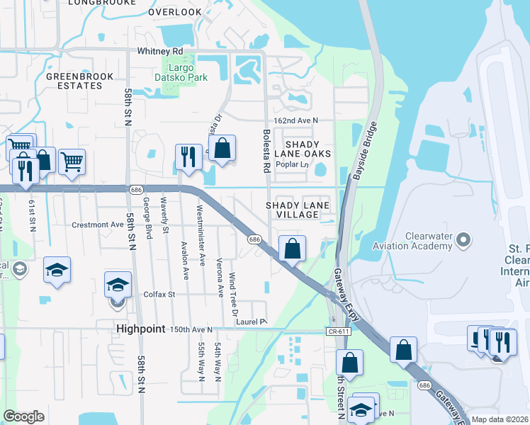 map of restaurants, bars, coffee shops, grocery stores, and more near 15648 Bolesta Road in Clearwater