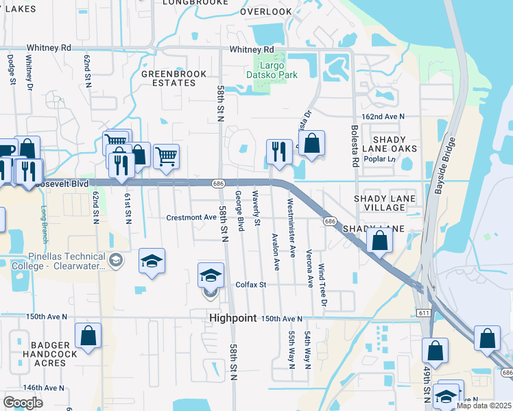 map of restaurants, bars, coffee shops, grocery stores, and more near 15651 Waverly Street in Clearwater
