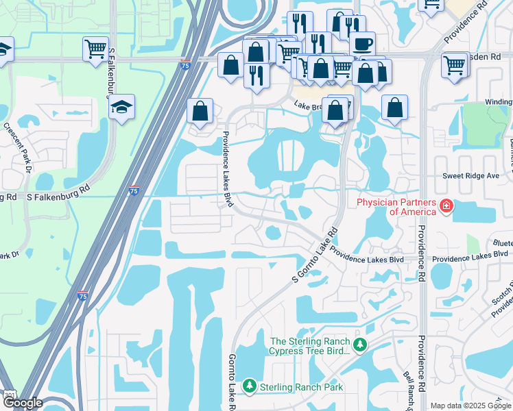 map of restaurants, bars, coffee shops, grocery stores, and more near 2509 Middleton Grove Drive in Brandon