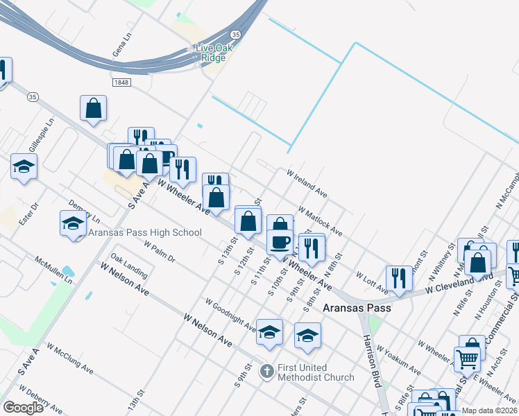 map of restaurants, bars, coffee shops, grocery stores, and more near 205 North 13th Street in Aransas Pass