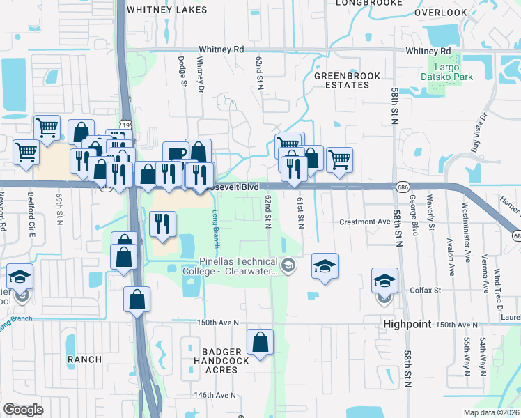 map of restaurants, bars, coffee shops, grocery stores, and more near 56 Saint F in Clearwater