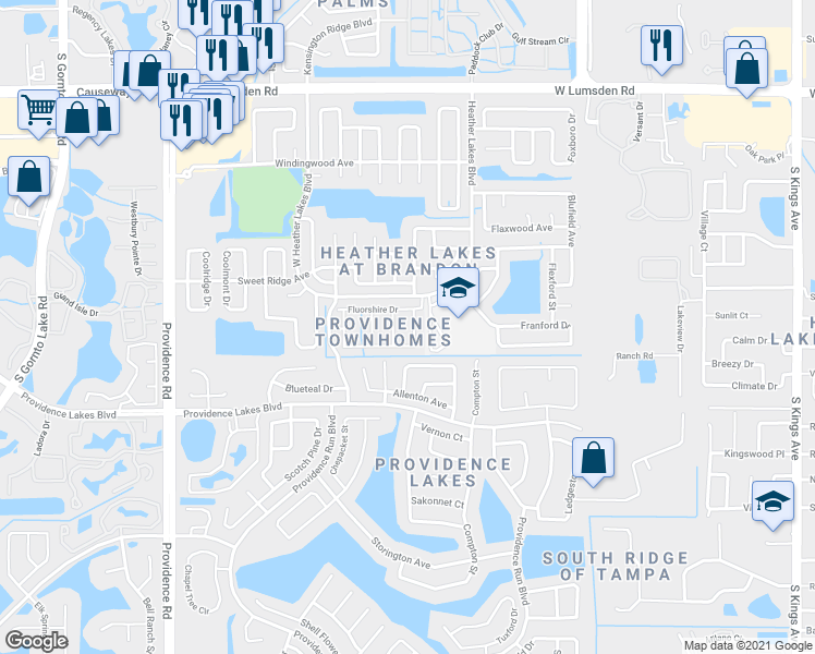 map of restaurants, bars, coffee shops, grocery stores, and more near 2242 Fluorshire Drive in Brandon