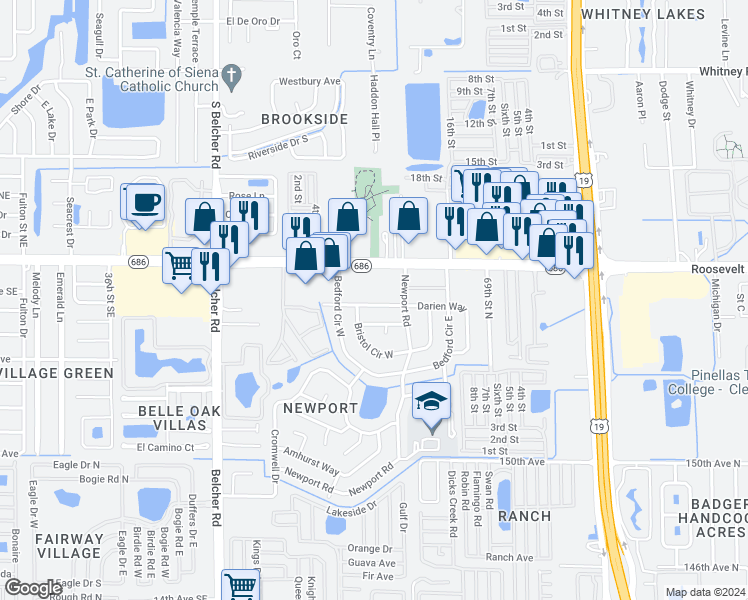 map of restaurants, bars, coffee shops, grocery stores, and more near 7197 Darien Way in Clearwater