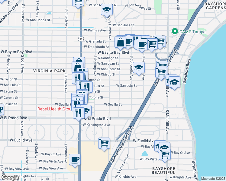 map of restaurants, bars, coffee shops, grocery stores, and more near 3509 West Leona Street in Tampa