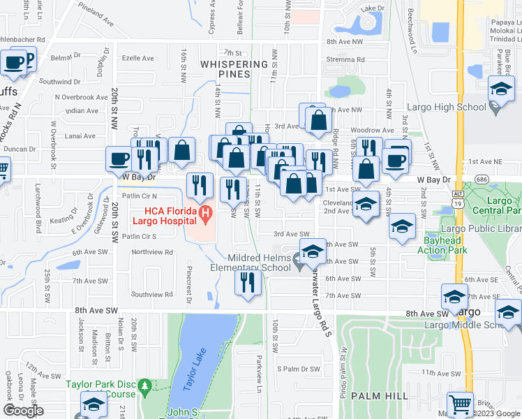 map of restaurants, bars, coffee shops, grocery stores, and more near 176 11th Street Southwest in Largo
