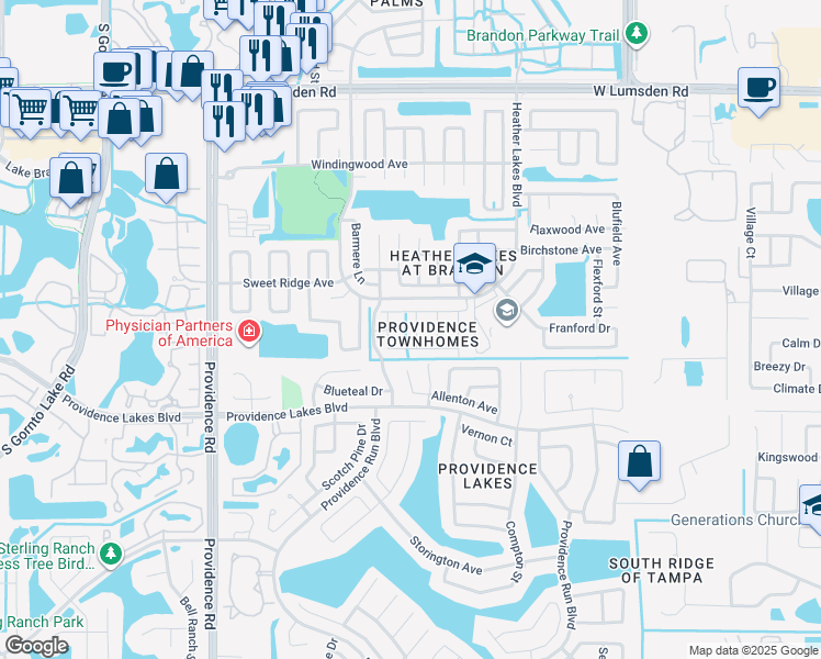 map of restaurants, bars, coffee shops, grocery stores, and more near 1315 Twilridge Place in Brandon