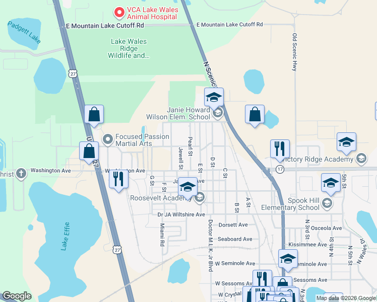 map of restaurants, bars, coffee shops, grocery stores, and more near 337 Pearl Street in Lake Wales