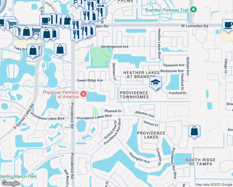 map of restaurants, bars, coffee shops, grocery stores, and more near 1441 Mohrlake Drive in Brandon