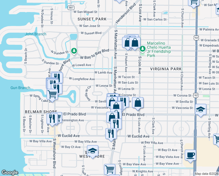 map of restaurants, bars, coffee shops, grocery stores, and more near 3307 South Manhattan Avenue in Tampa