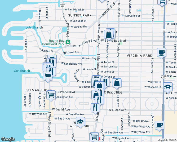 map of restaurants, bars, coffee shops, grocery stores, and more near 3301 Sevilla East Circle in Tampa