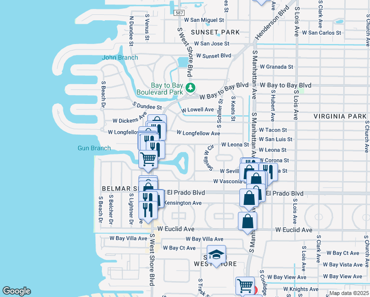 map of restaurants, bars, coffee shops, grocery stores, and more near 4628 West Leona Street in Tampa