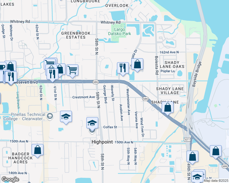 map of restaurants, bars, coffee shops, grocery stores, and more near 15651 Waverly Street in Clearwater
