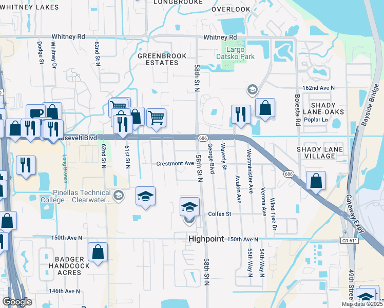 map of restaurants, bars, coffee shops, grocery stores, and more near 5840 157th Avenue North in Clearwater