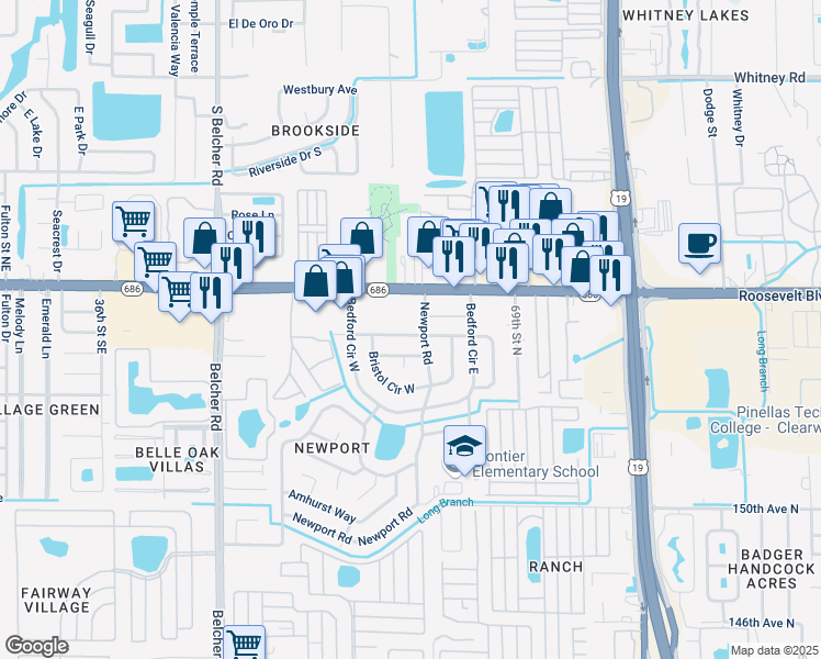 map of restaurants, bars, coffee shops, grocery stores, and more near 7125 Darien Way in Clearwater