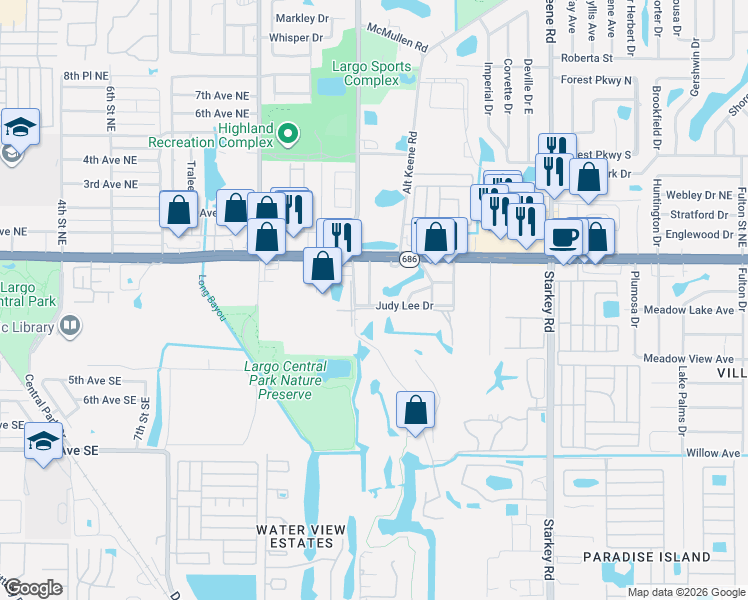 map of restaurants, bars, coffee shops, grocery stores, and more near 105 Judy Lee Drive in Largo