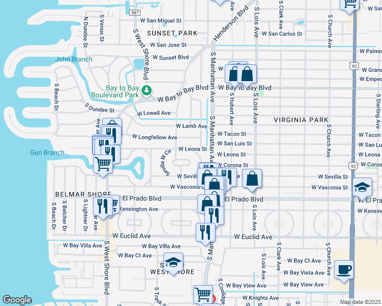 map of restaurants, bars, coffee shops, grocery stores, and more near 3301 Sevilla East Circle in Tampa