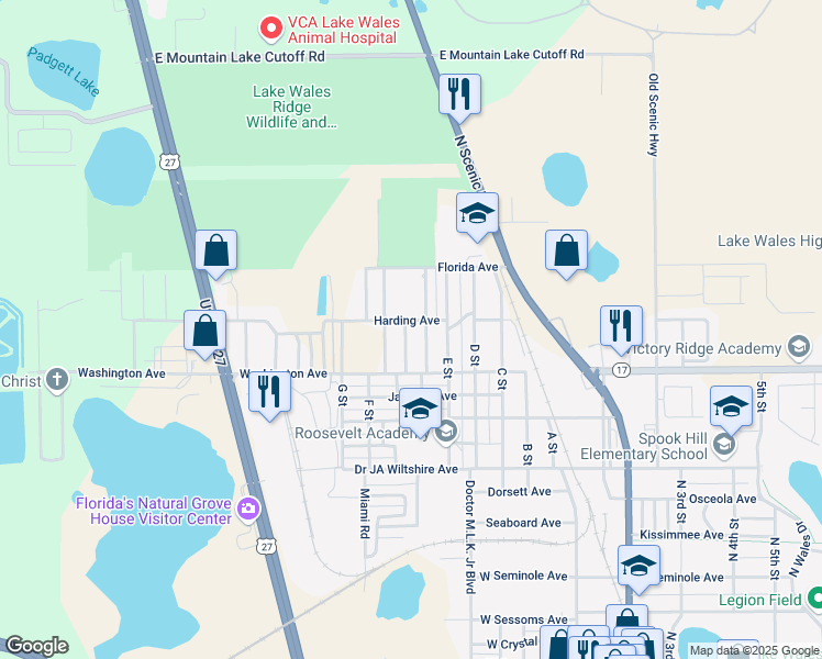 map of restaurants, bars, coffee shops, grocery stores, and more near 342 Jewell Street in Lake Wales