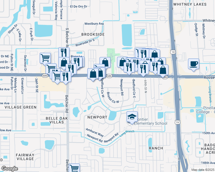 map of restaurants, bars, coffee shops, grocery stores, and more near 7255 Darien Way in Clearwater
