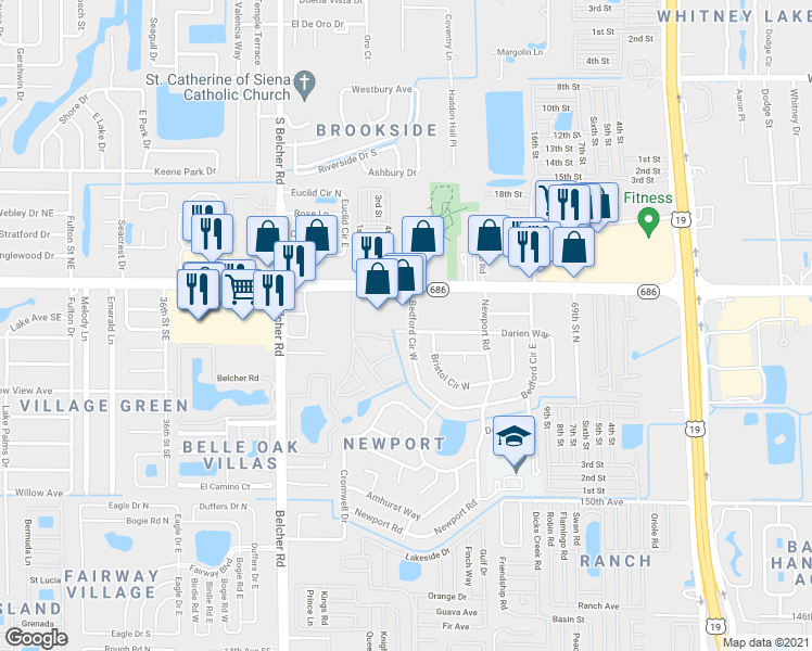 map of restaurants, bars, coffee shops, grocery stores, and more near 7323 Darien Way in Clearwater