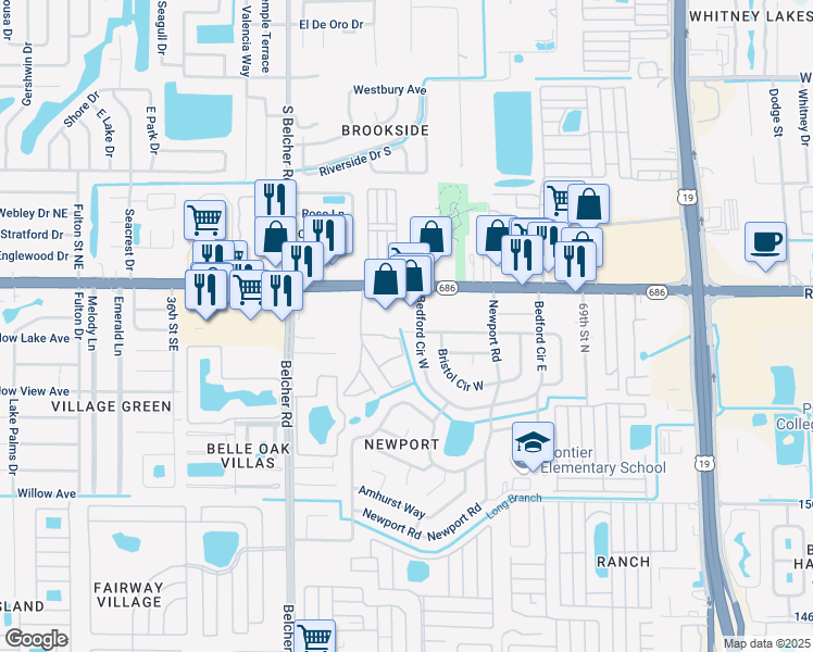 map of restaurants, bars, coffee shops, grocery stores, and more near 7323 Darien Way in Clearwater