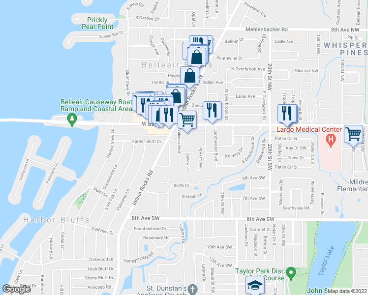 map of restaurants, bars, coffee shops, grocery stores, and more near 215 Valencia Boulevard in Belleair Bluffs