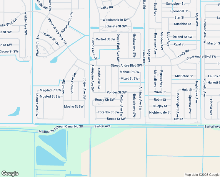 map of restaurants, bars, coffee shops, grocery stores, and more near 3190 Elmlawn Avenue Southwest in Palm Bay