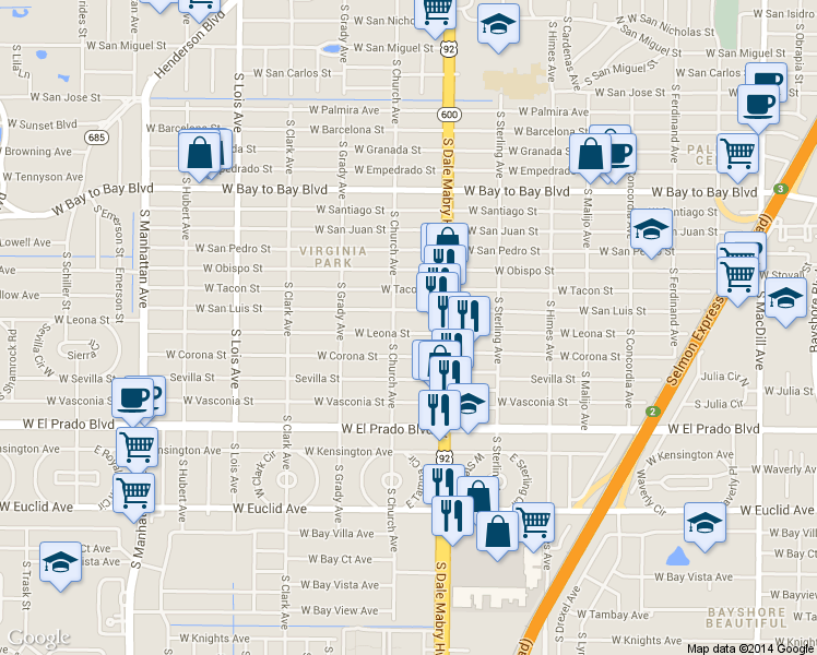 map of restaurants, bars, coffee shops, grocery stores, and more near 3817 W Leona St in Tampa