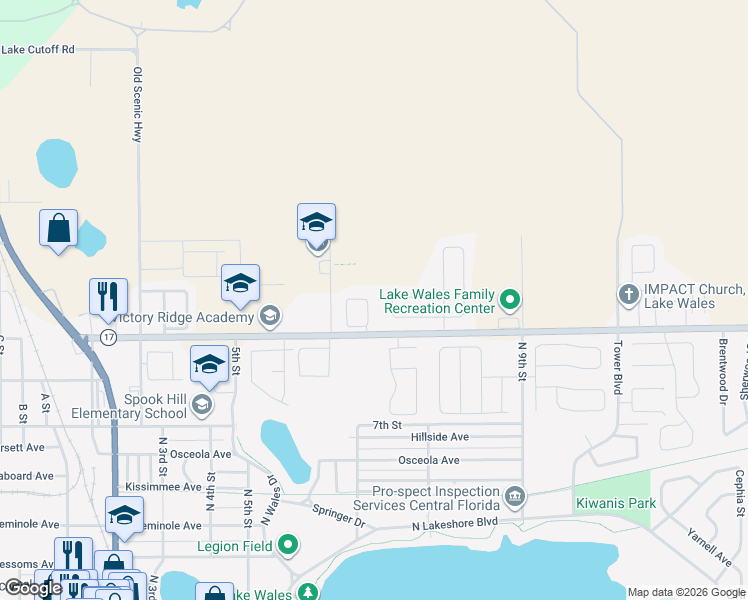 map of restaurants, bars, coffee shops, grocery stores, and more near 1056 View Pointe Circle in Lake Wales