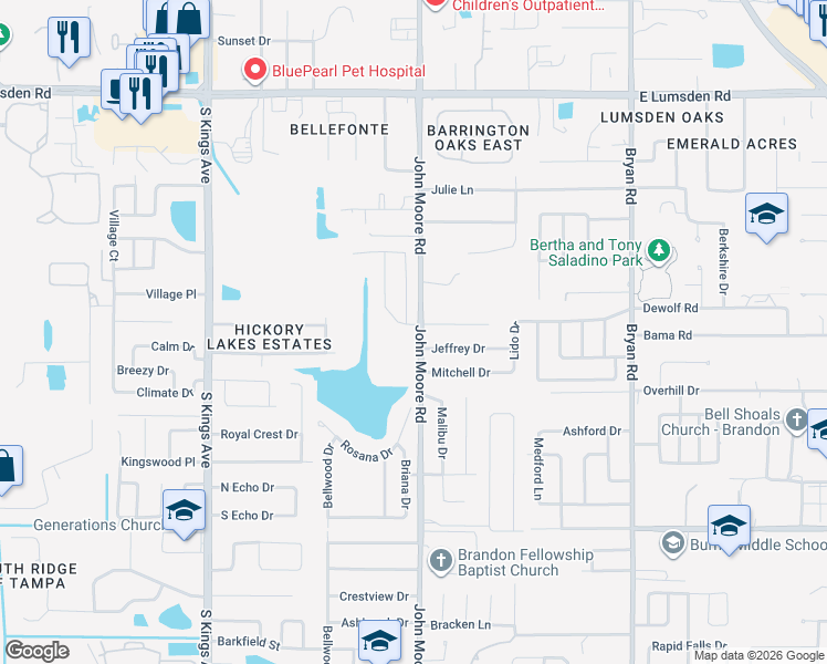 map of restaurants, bars, coffee shops, grocery stores, and more near 101 Kiana Drive in Brandon