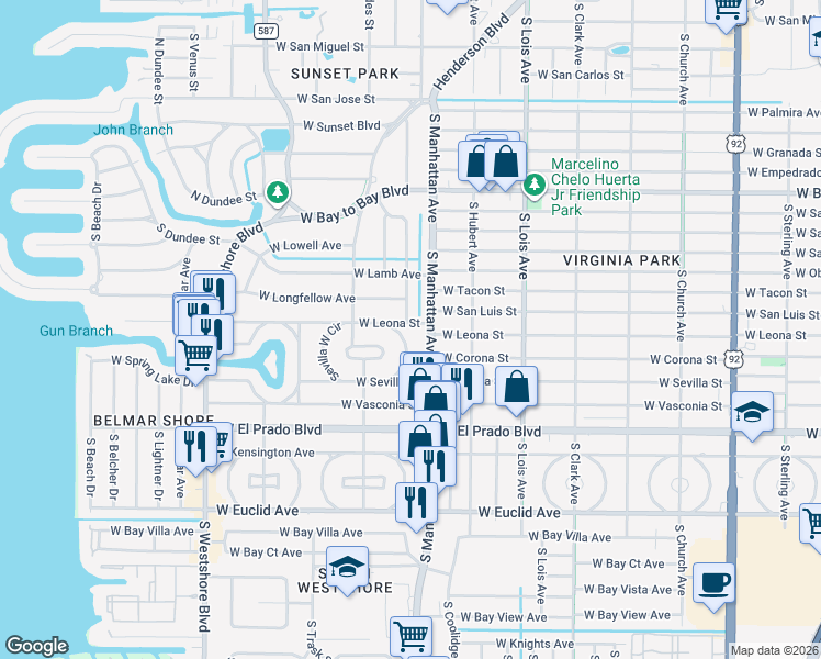 map of restaurants, bars, coffee shops, grocery stores, and more near 3307 South Manhattan Avenue in Tampa