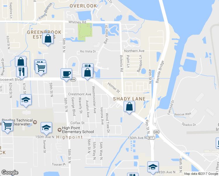 map of restaurants, bars, coffee shops, grocery stores, and more near 15661 Alma Avenue in Clearwater