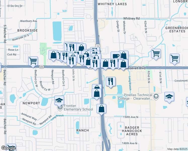 map of restaurants, bars, coffee shops, grocery stores, and more near 5375 E Bay Dr in Largo