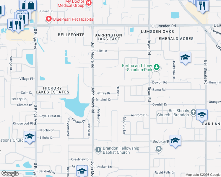 map of restaurants, bars, coffee shops, grocery stores, and more near 117 Mary Kay Court in Brandon