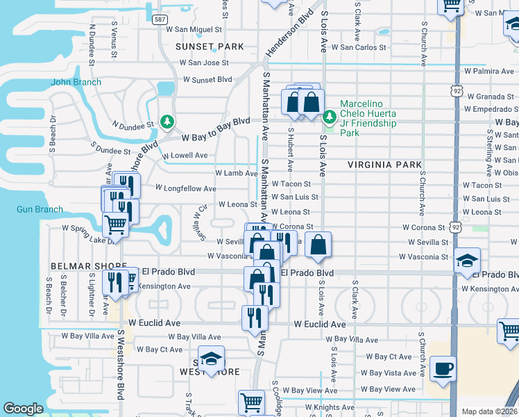 map of restaurants, bars, coffee shops, grocery stores, and more near 3307 South Manhattan Avenue in Tampa