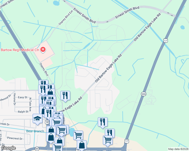 map of restaurants, bars, coffee shops, grocery stores, and more near 1752 Williamsburg Drive in Bartow