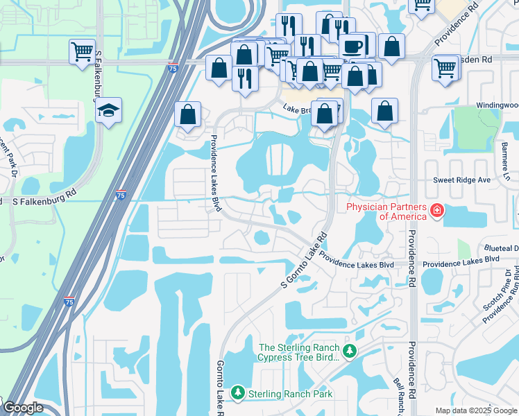 map of restaurants, bars, coffee shops, grocery stores, and more near 1340 Salem Orchard Lane in Brandon