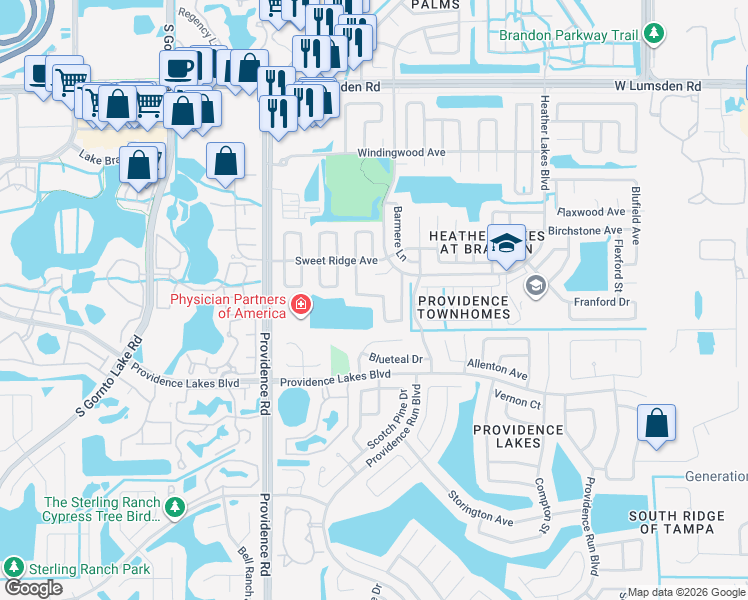 map of restaurants, bars, coffee shops, grocery stores, and more near 1333 Mohrlake Drive in Brandon