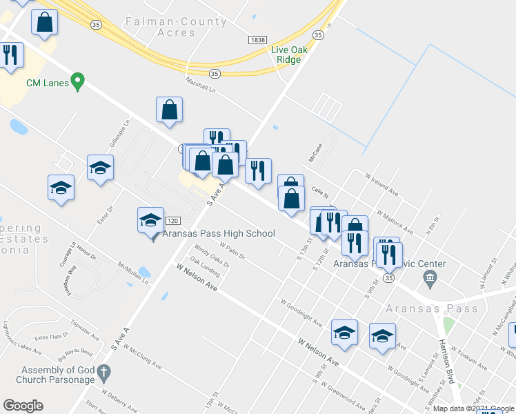 map of restaurants, bars, coffee shops, grocery stores, and more near 1401 West Wheeler Avenue in Aransas Pass