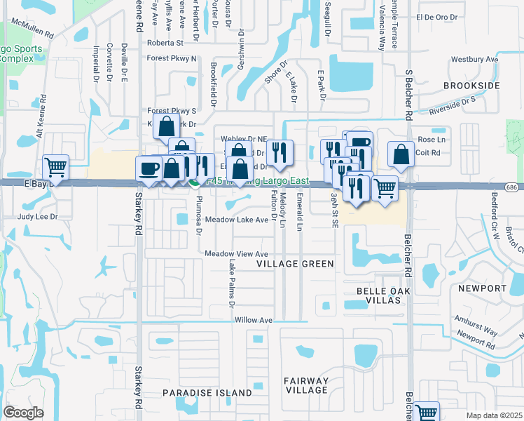 map of restaurants, bars, coffee shops, grocery stores, and more near 107 Lake Avenue Southeast in Largo