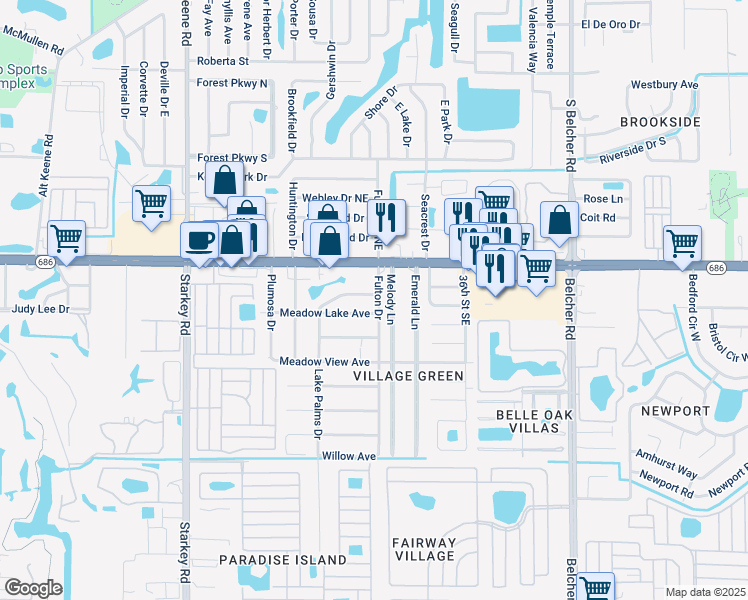 map of restaurants, bars, coffee shops, grocery stores, and more near 107 Lake Avenue Southeast in Largo