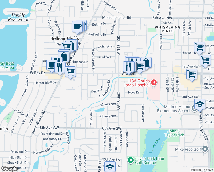 map of restaurants, bars, coffee shops, grocery stores, and more near 197 East Overbrook Drive in Largo