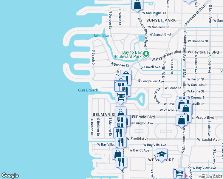 map of restaurants, bars, coffee shops, grocery stores, and more near 5004 West Leona Street in Tampa
